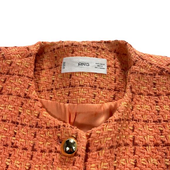 MANGO MNG Orange Tweed Lady Jacket Women’s M Gold Button Parisian Chic Cropped - Picture 6 of 9